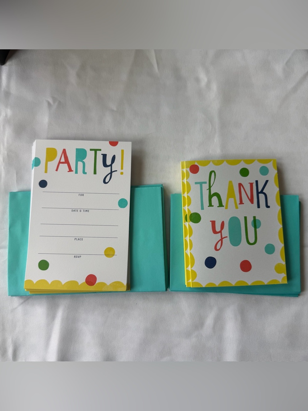 Party Invitation‎ and Thank You Card Set in Teal with Colorful Dots